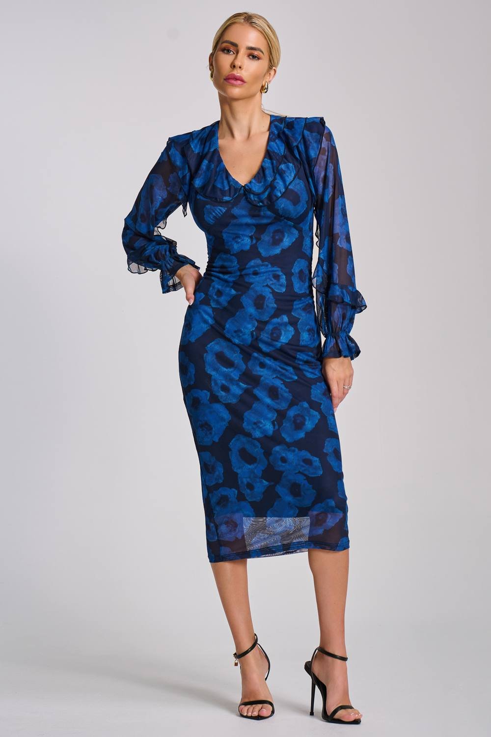 Jolie Moi Jolie Moi Women's Long Sleeve Ruffle Detail Mesh Bodycon Dress in Blue - 3