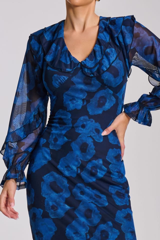 Jolie Moi Jolie Moi Women's Long Sleeve Ruffle Detail Mesh Bodycon Dress in Blue - 3