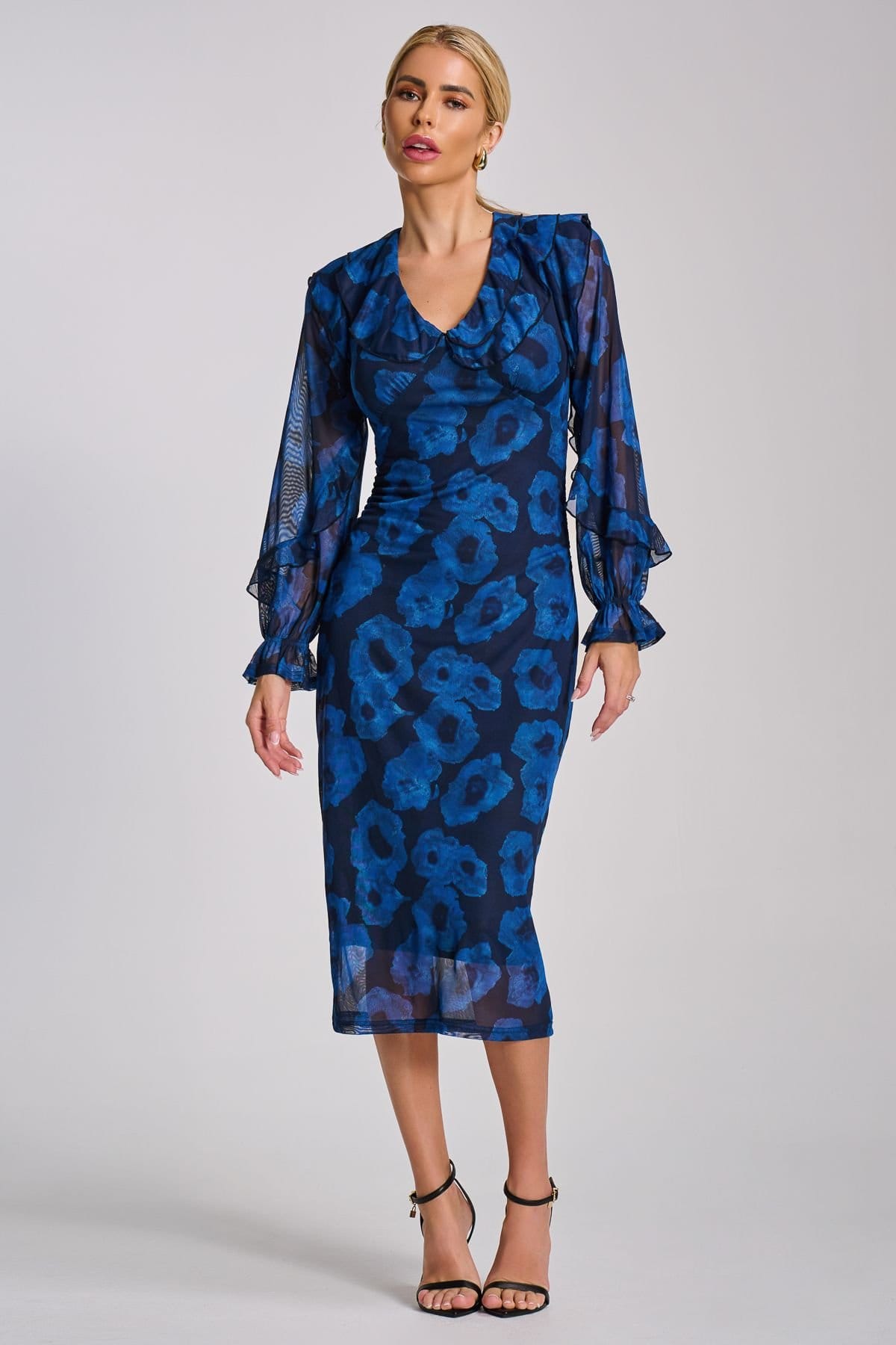 Jolie Moi Jolie Moi Women's Long Sleeve Ruffle Detail Mesh Bodycon Dress in Blue - 4