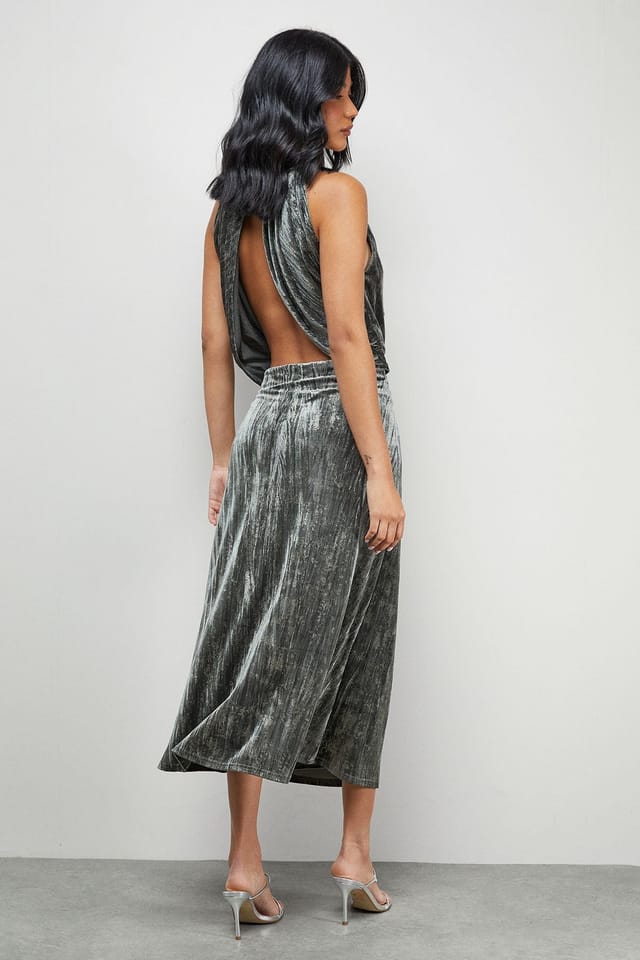 Warehouse Warehouse Women's Metallic Velvet Halter Cowl Neck Midi Dress in Olive - 3