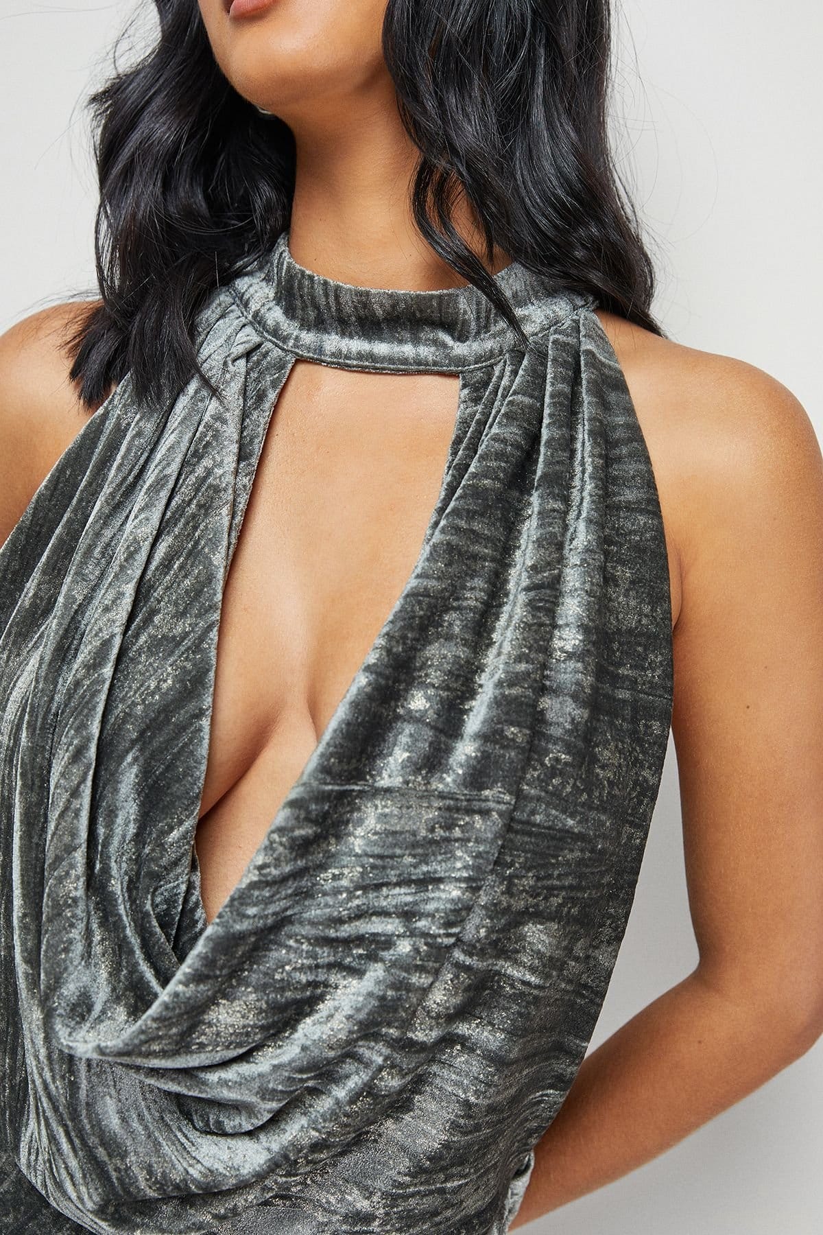 Warehouse Warehouse Women's Metallic Velvet Halter Cowl Neck Midi Dress in Olive - 4