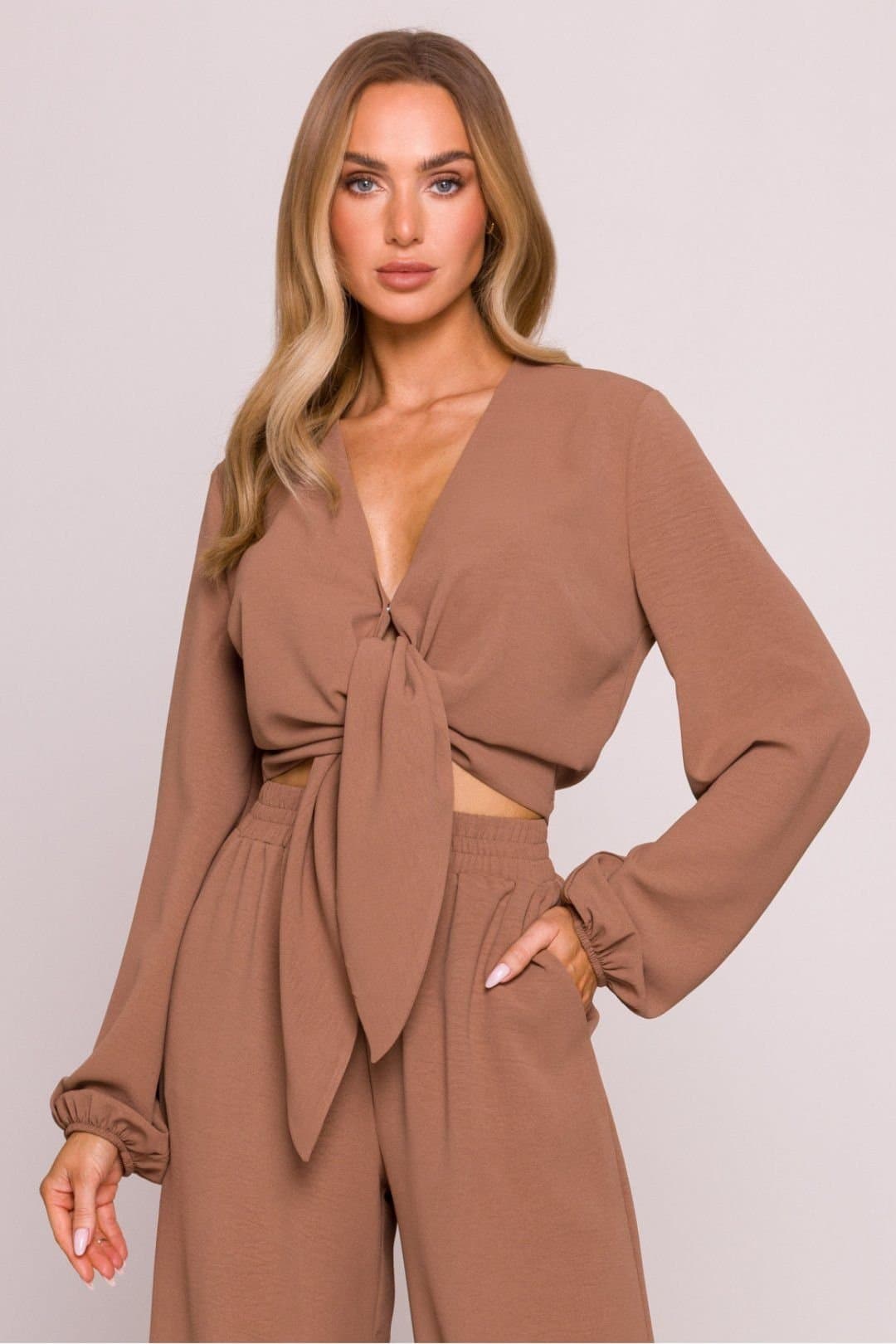 Love Lace Love Lace Women's Matte Crepe Deep V Tie Front Cropped Blouse in Brown