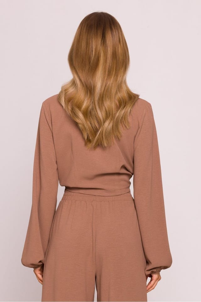 Love Lace Love Lace Women's Matte Crepe Deep V Tie Front Cropped Blouse in Brown - 3