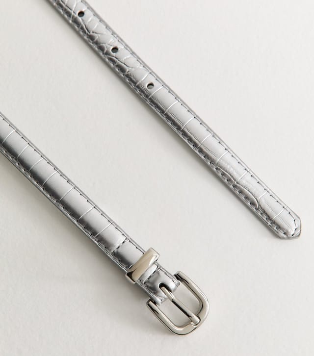 New Look Silver Faux Leather Croc Embossed Skinny Belt New Look - 3