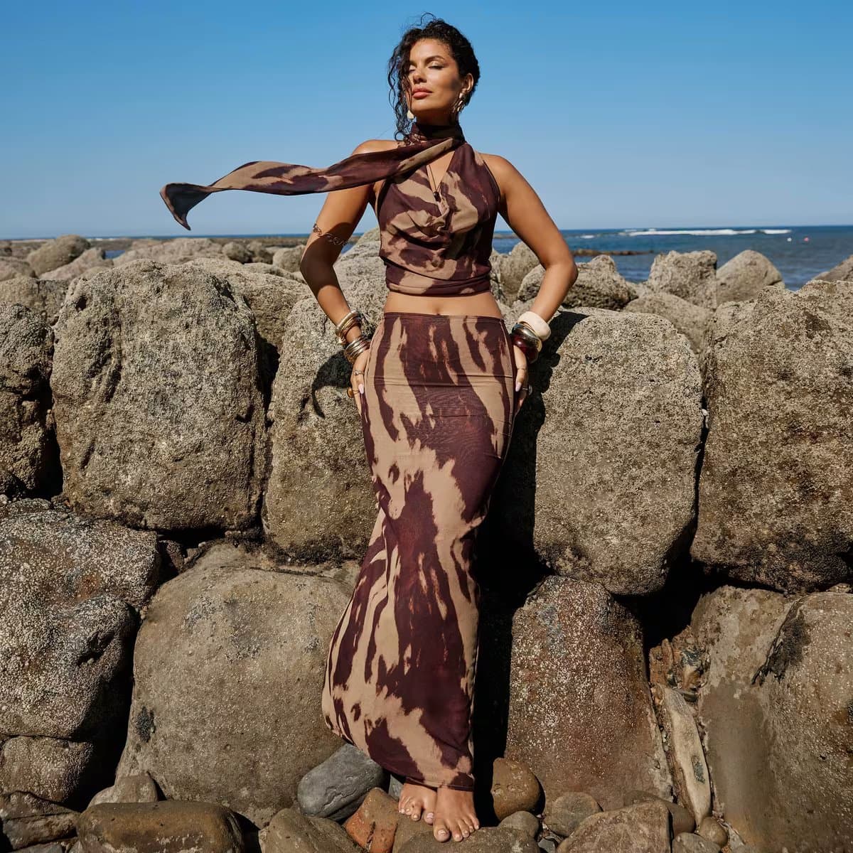 EGO Low Rise Maxi Skirt In Brown Abstract Print, Women's Size UK 6