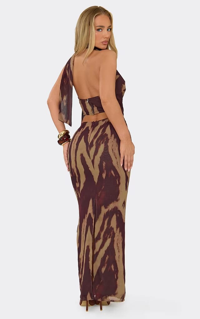 EGO Low Rise Maxi Skirt In Brown Abstract Print, Women's Size UK 6 - 2