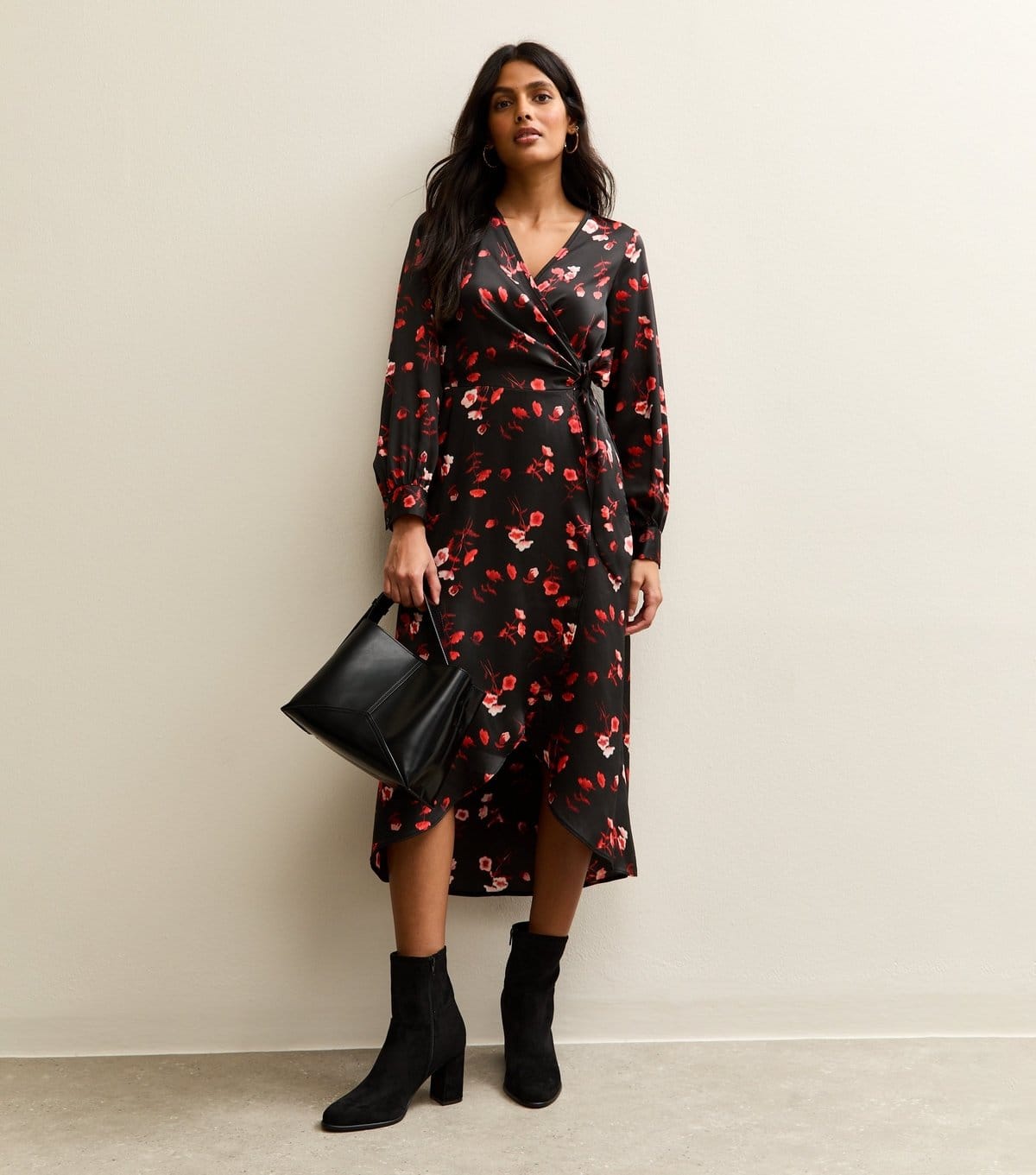 New Look Black Floral Satin Wrap Midi Dress