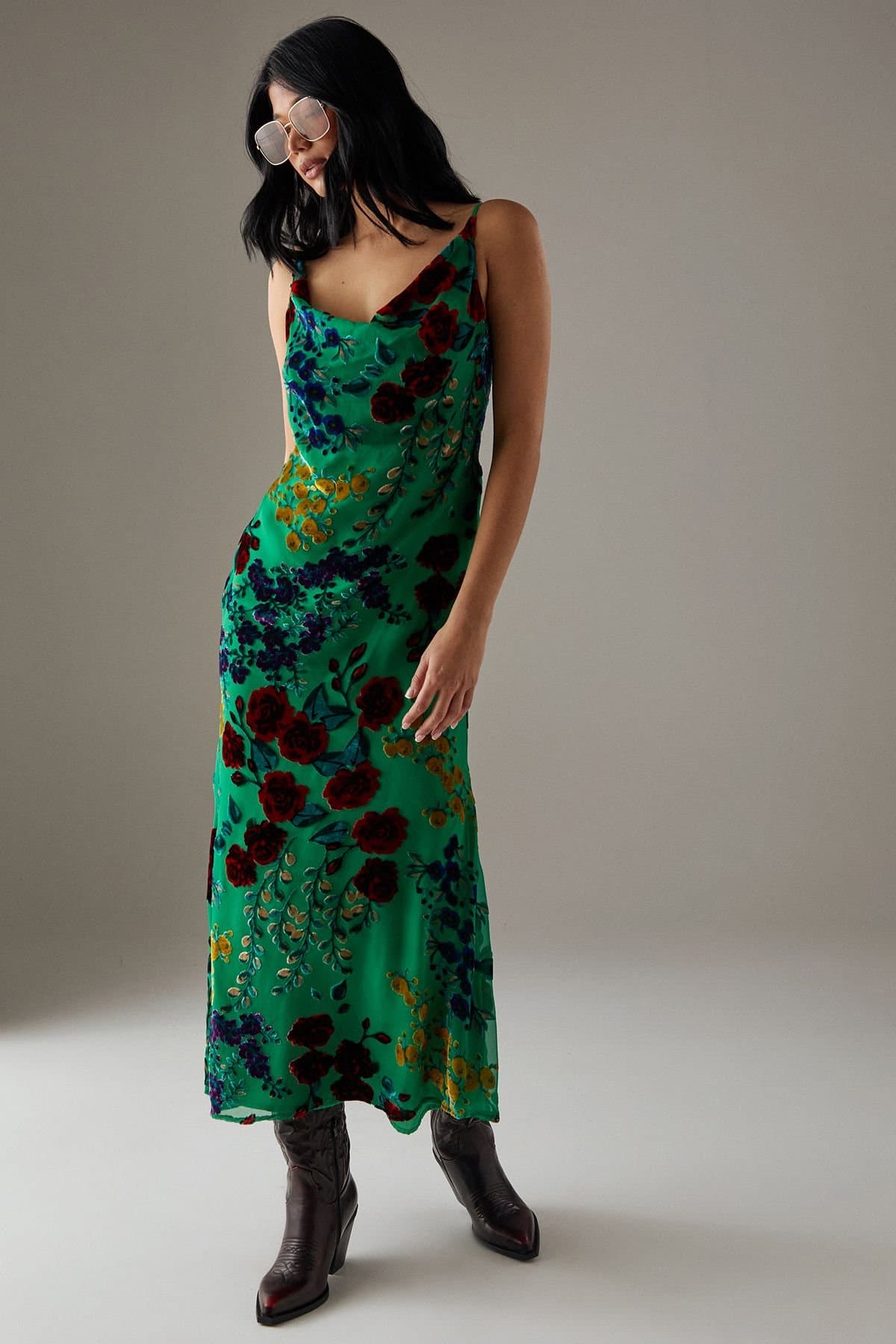 Warehouse Warehouse Women's Premium Burnout Cowl Neck Strappy Midi Slip Dress in Green