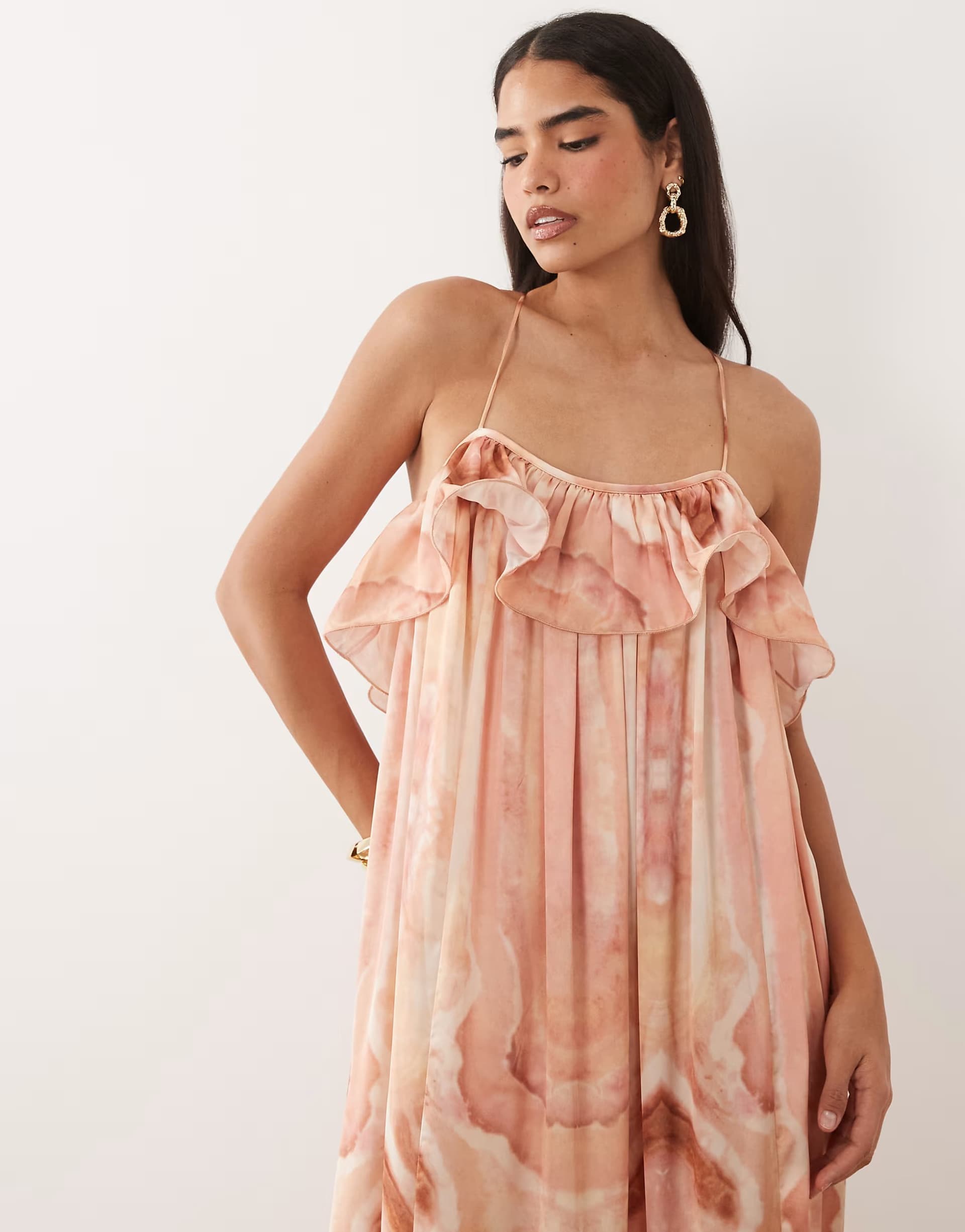 ASOS Vero Moda voluminous exaggerated ruffle cami satin midi dress in pink marble print