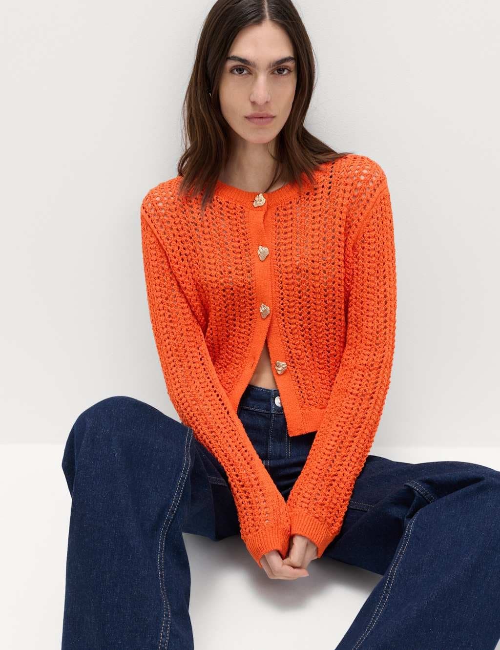 Marks & Spencer M&S Cotton Blend Textured Slim Fit Cardigan Marmalade
