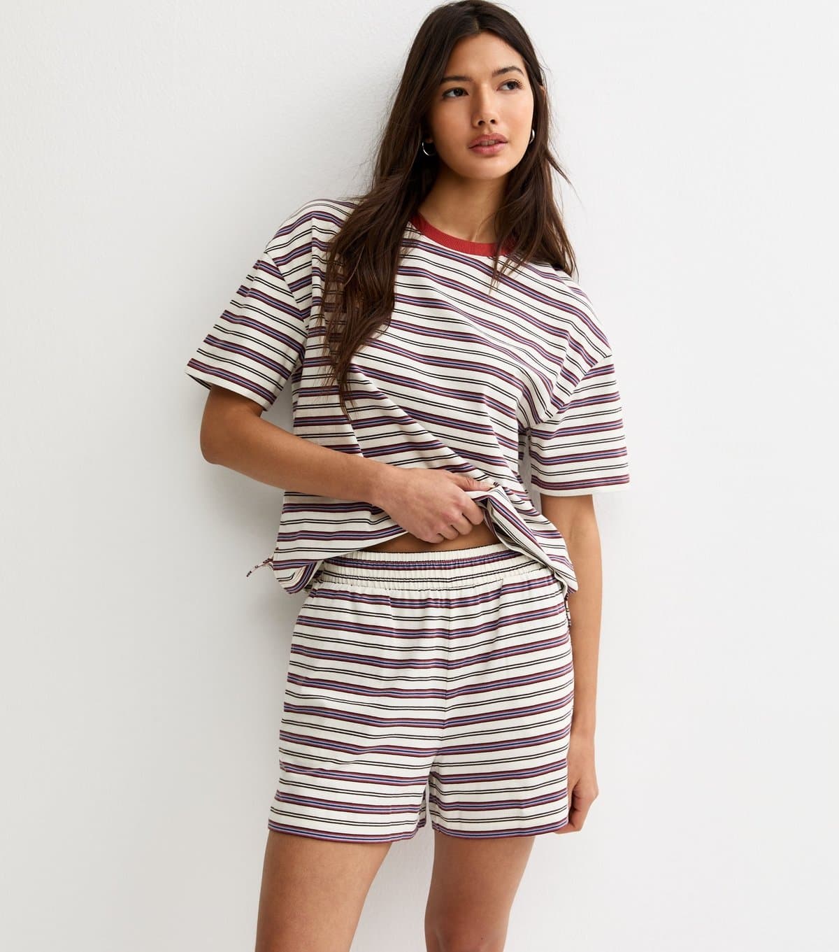 New Look Women's Red and White Cotton Striped Jogger Shorts New Look