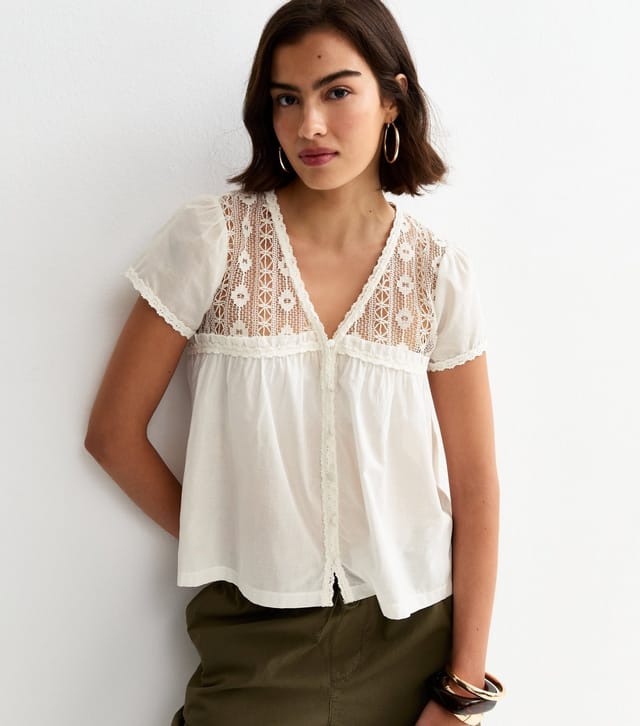 New Look Women's Cream Lace Panel Button Up Blouse New Look - 2