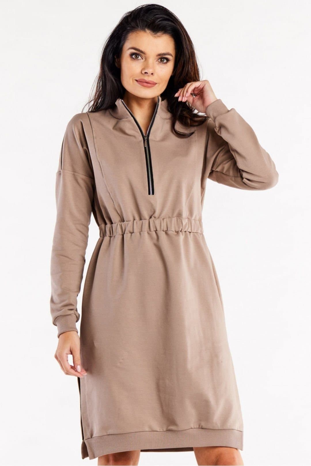 Love Lace Love Lace Women's Long Sleeve Day Dress with Side Slits in Beige