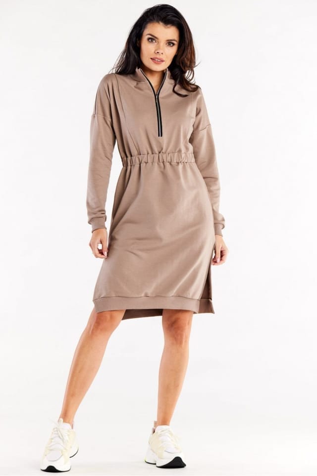 Love Lace Love Lace Women's Long Sleeve Day Dress with Side Slits in Beige - 2