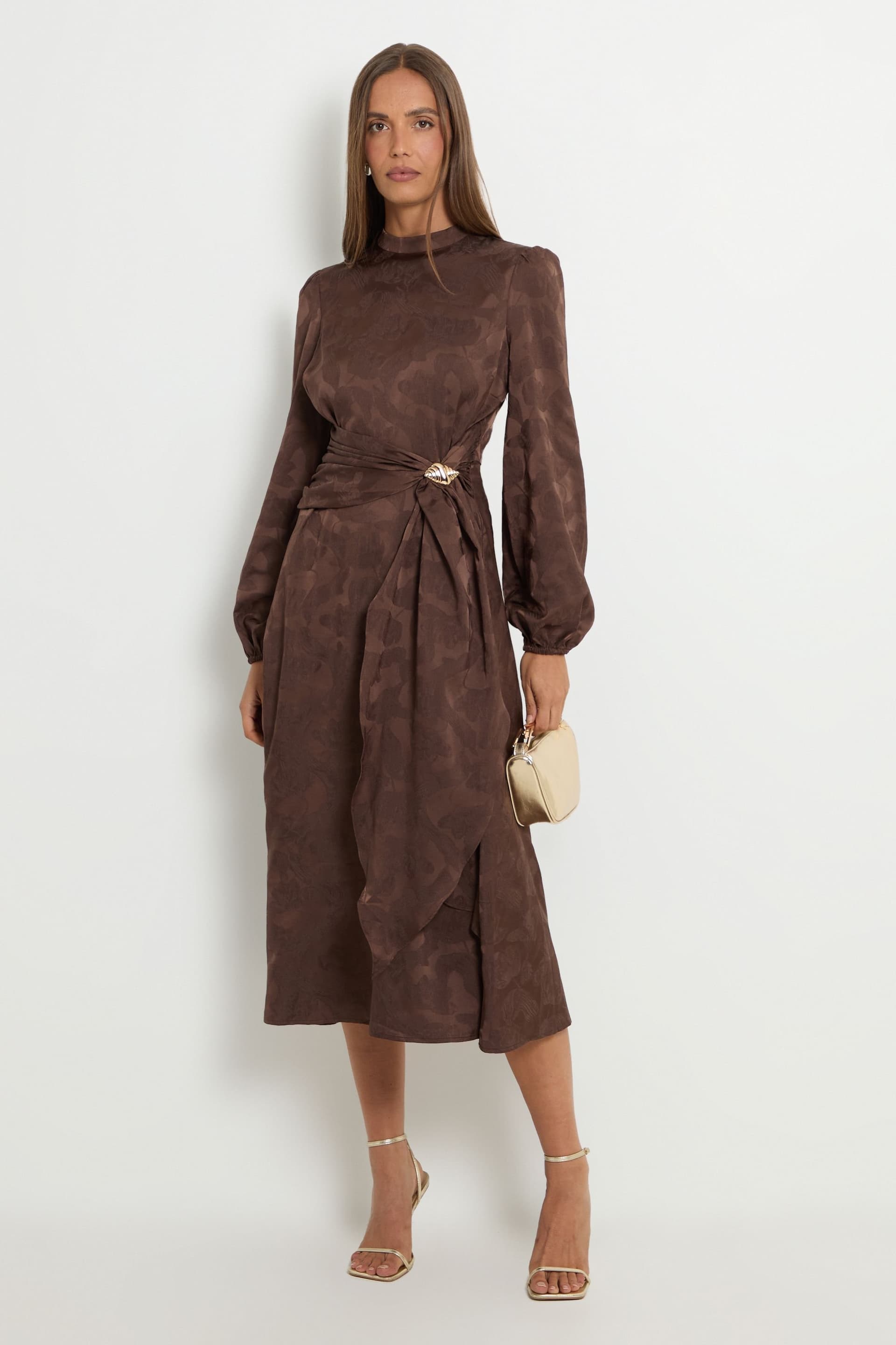 Wallis Wallis Women's Satin Drape Midi Dress in Chocolate