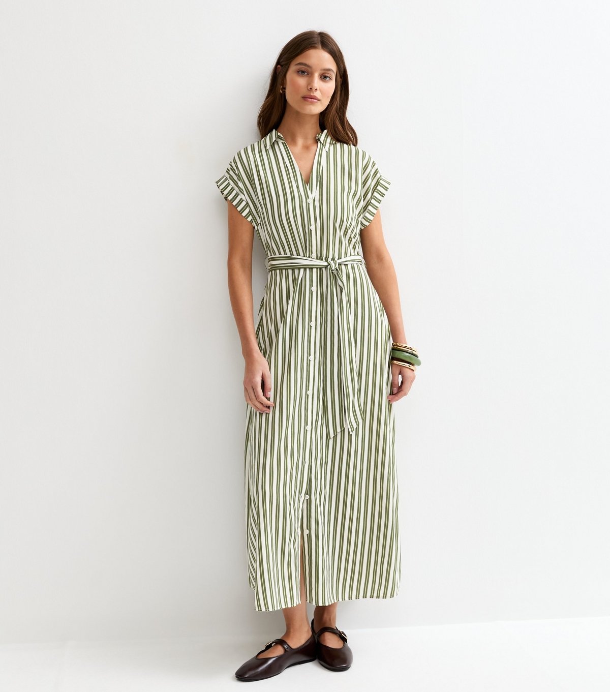 New Look Women's Green Striped Short Sleeve Midi Shirt Dress New Look - 3