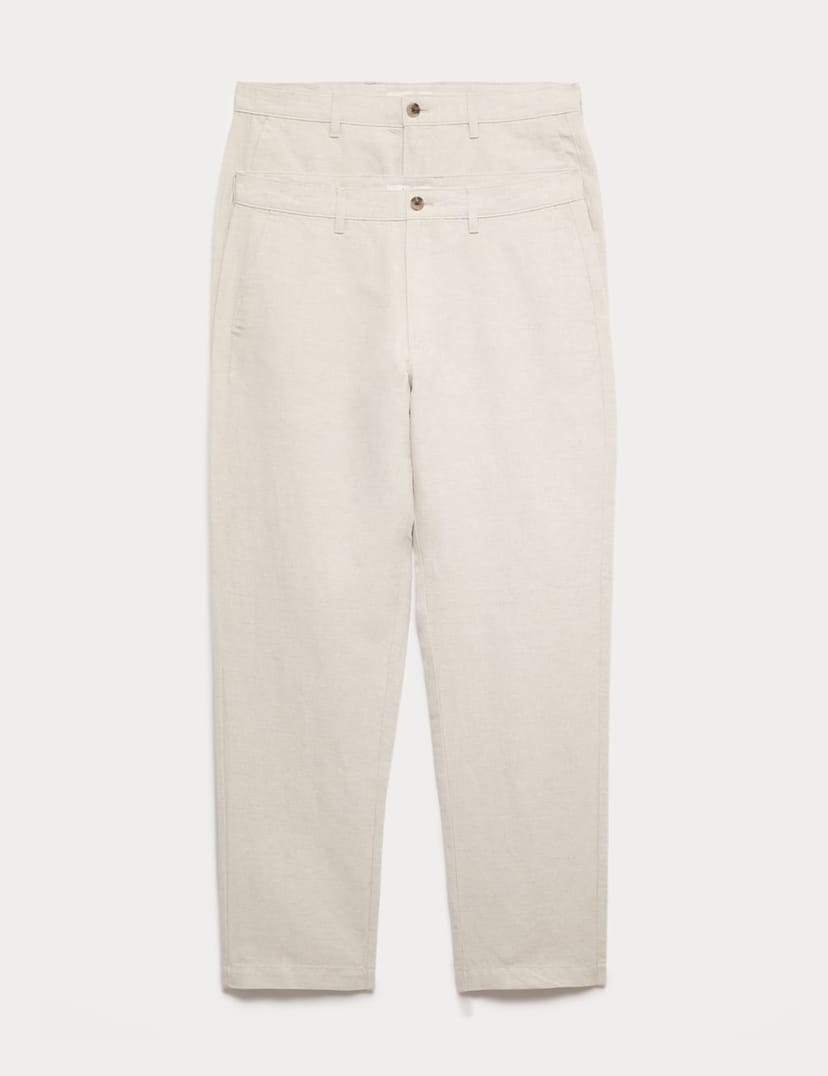 Marks & Spencer M&S 2 Pack Regular Fit Cotton Linen Blend Chinos Stone Mix - 1