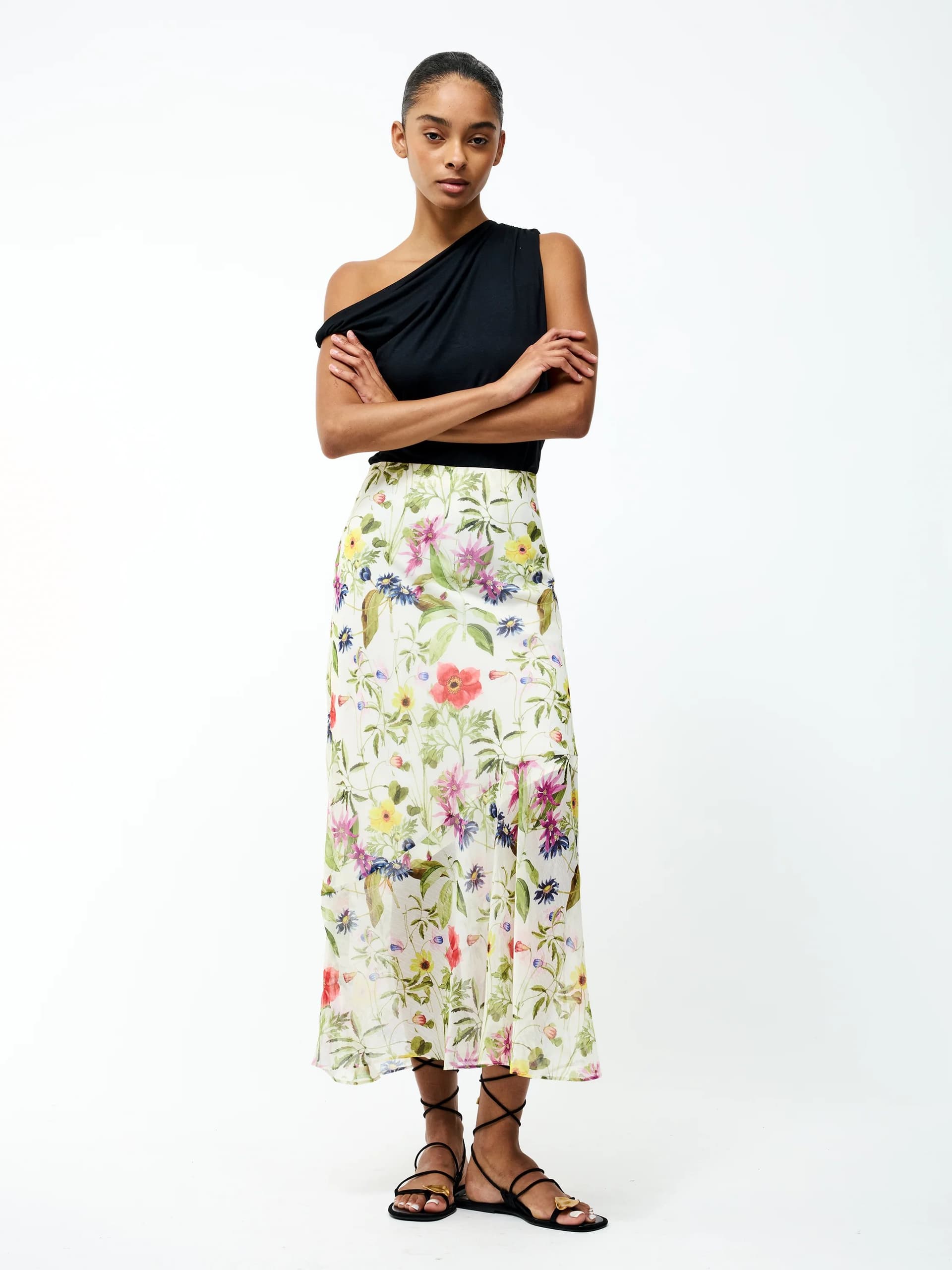 French Connection Monica Hallie Maxi Skirt Summer White Multi Floral Print