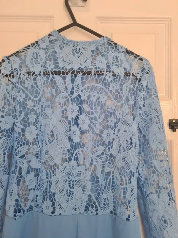no brand Light Blue Lace Top Wide Leg Jumpsuit Size M High Neck Long Sleeve Occasion NWOT