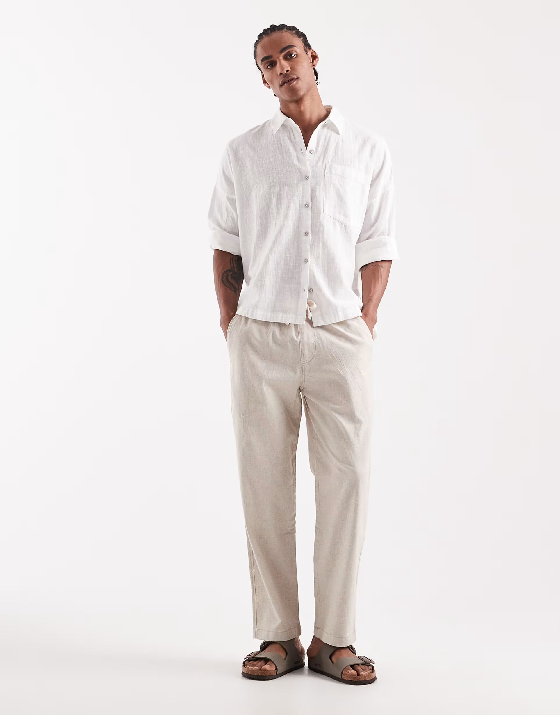 ASOS Hollister cotton linen blend loose fit trousers in beige - 1