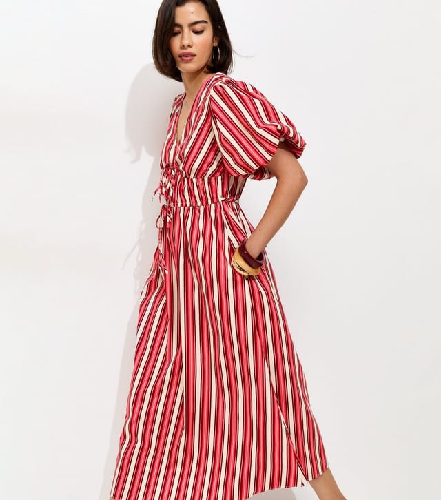New Look Women's Pink Cotton Striped Puff Sleeve Midi Dress New Look - 3