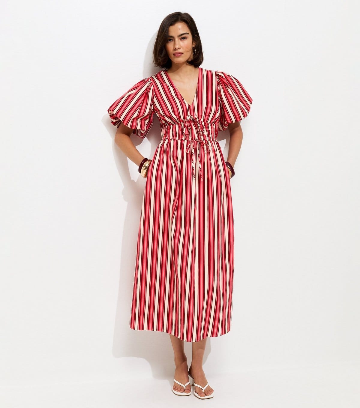 New Look Women's Pink Cotton Striped Puff Sleeve Midi Dress New Look - 4
