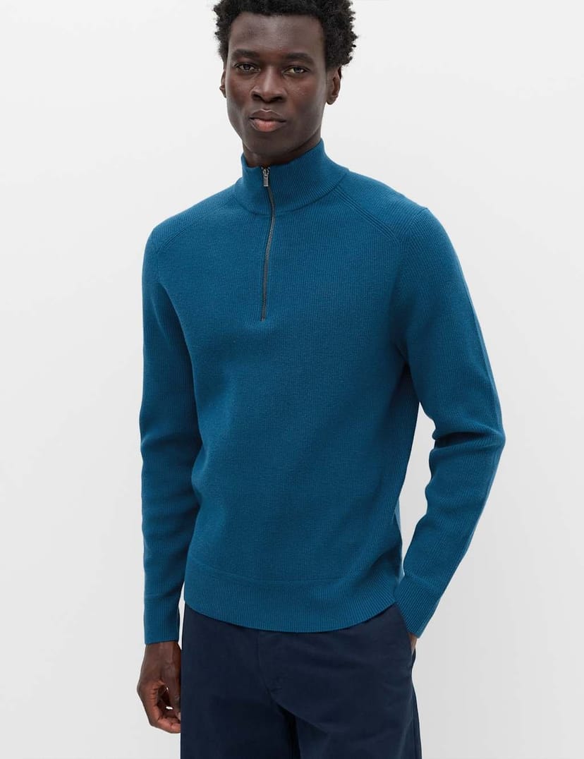 Marks & Spencer M&S Cotton Blend Ribbed Half Zip Jumper Petrol - 1