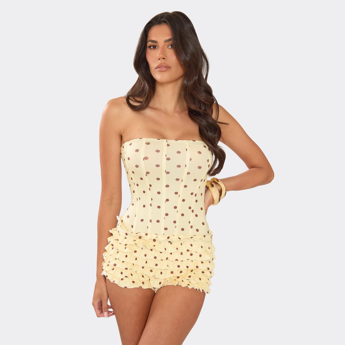 EGO Bandeau Tiered Ruffle Corseted Playsuit In Yellow Polka Dot, Women's Size UK 6 - 1