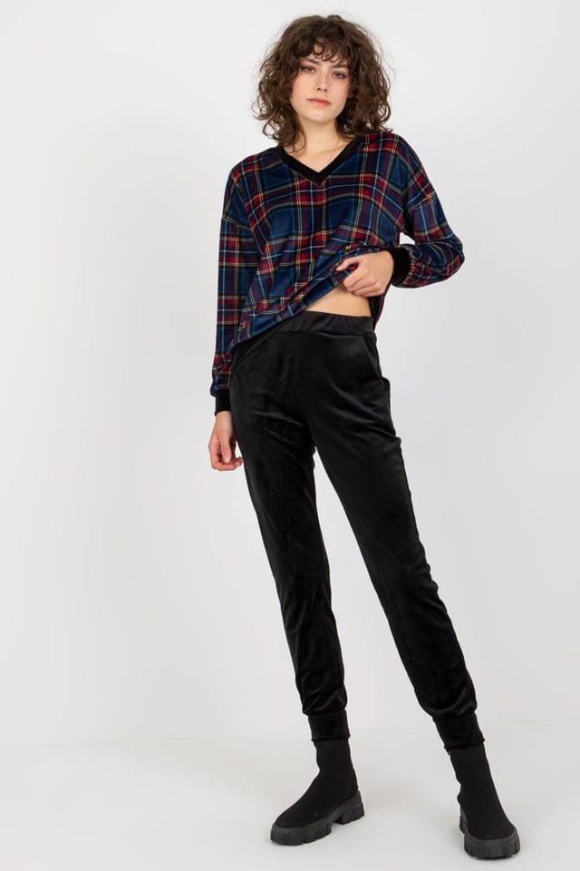 Love Lace Love Lace Women's Velour Checkered Blouse & Pants Set in Black - 2