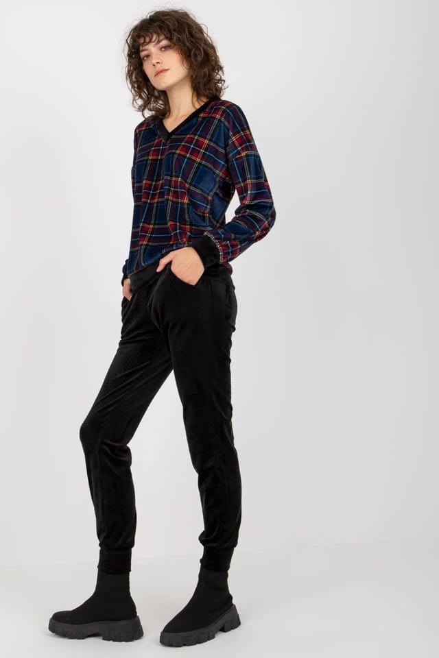 Love Lace Love Lace Women's Velour Checkered Blouse & Pants Set in Black - 3