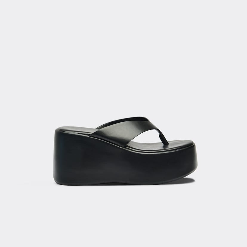 EGO Carina Thong Strap Chunky Platform Sole Sandal In Black Faux Leather, Women's Size UK 3 - 1