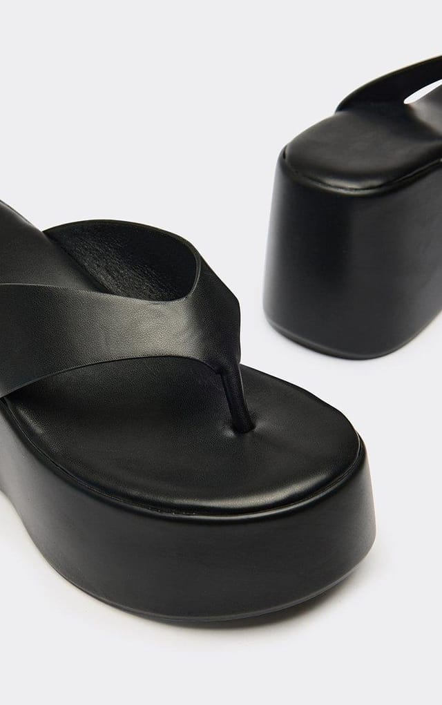 EGO Carina Thong Strap Chunky Platform Sole Sandal In Black Faux Leather, Women's Size UK 3 - 2