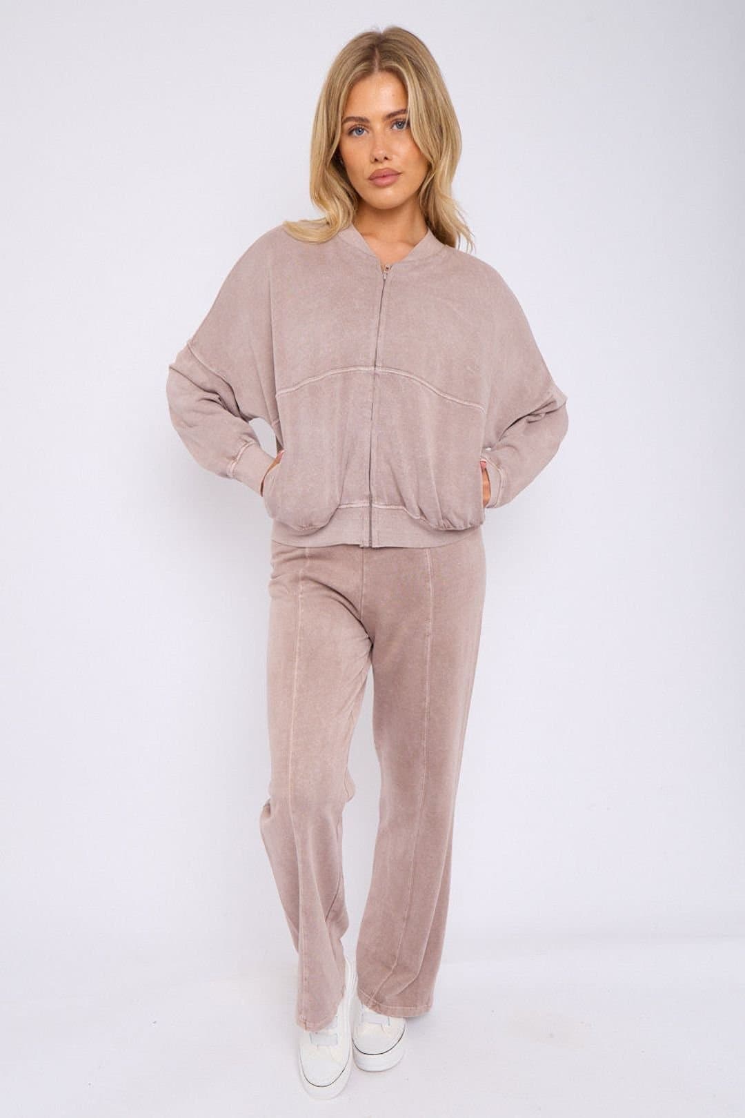 STYLEWISE STYLEWISE Women's Acid Wash Fleece Zipper Oversized Bomber Co-ord in Taupe