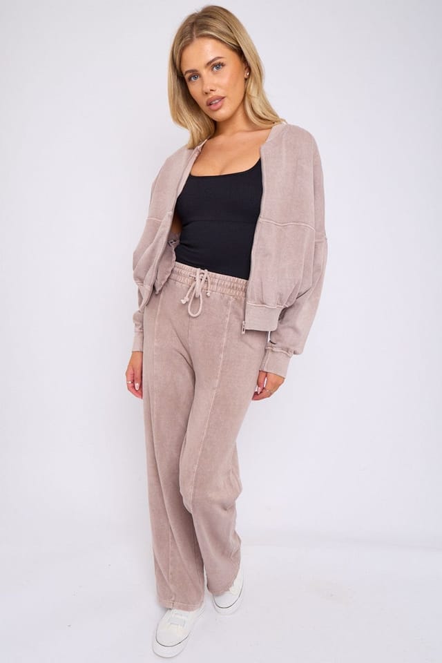 STYLEWISE STYLEWISE Women's Acid Wash Fleece Zipper Oversized Bomber Co-ord in Taupe - 2