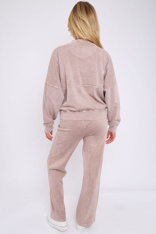 STYLEWISE STYLEWISE Women's Acid Wash Fleece Zipper Oversized Bomber Co-ord in Taupe - 3