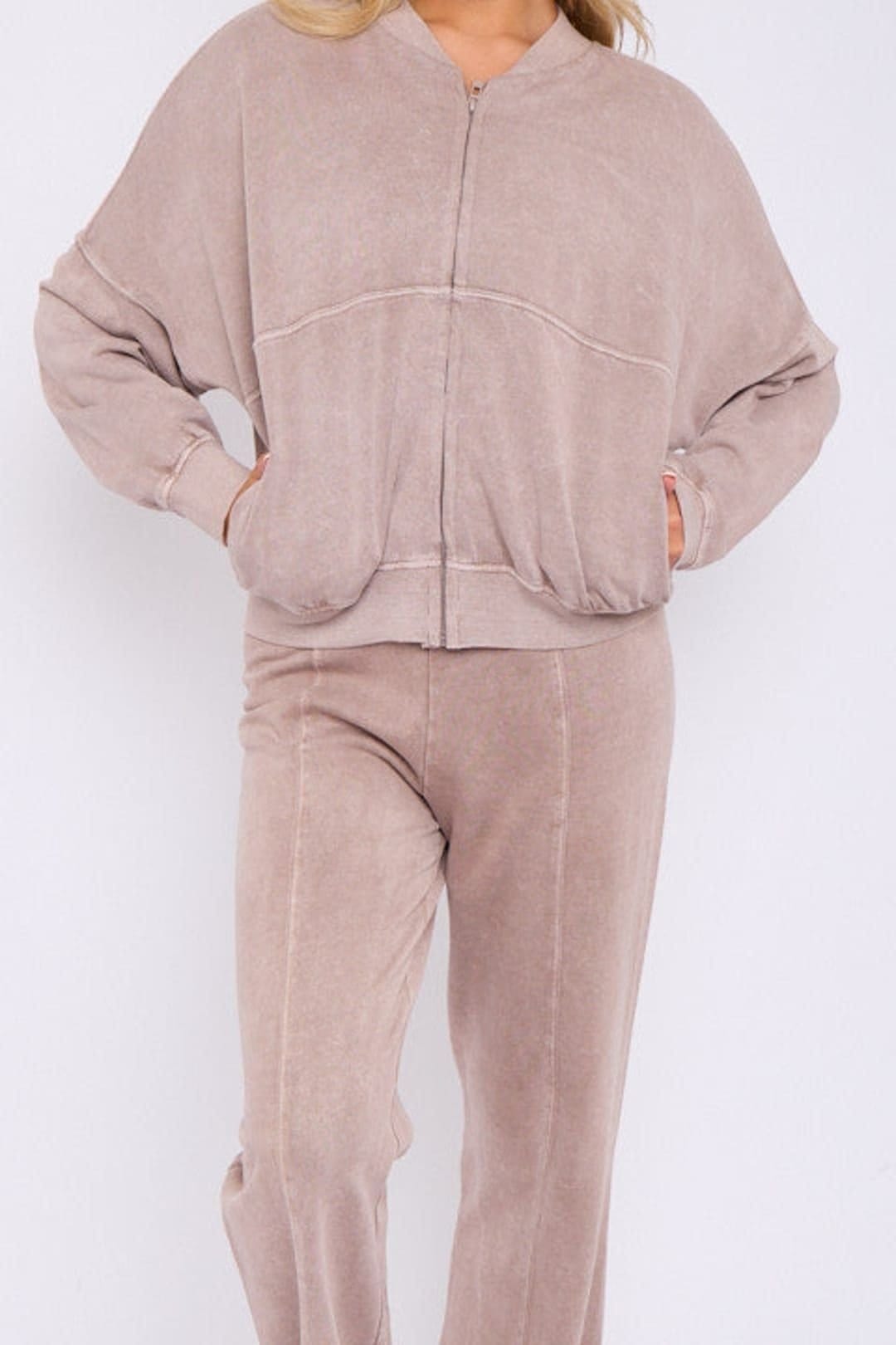 STYLEWISE STYLEWISE Women's Acid Wash Fleece Zipper Oversized Bomber Co-ord in Taupe - 4