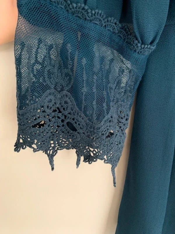 Marks & Spencer M&S Limited Edition Teal Lace Blouse – Size 12 – High Neck & Sheer Sleeves Cottagecore