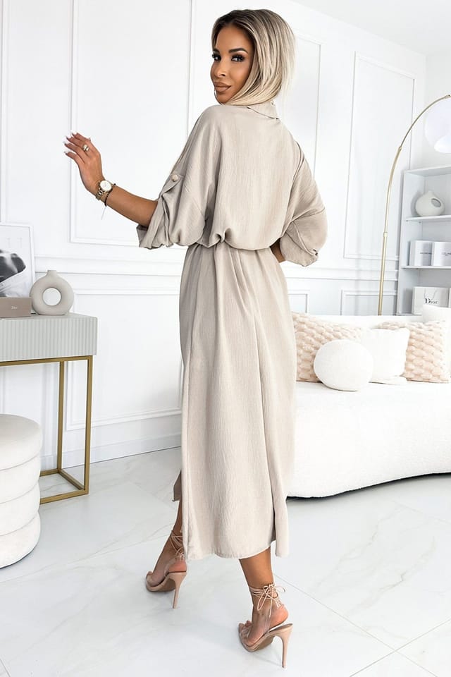 Love Lace Love Lace Women's Basic Beige Daydress Gold Buttons Waist Tie - 2