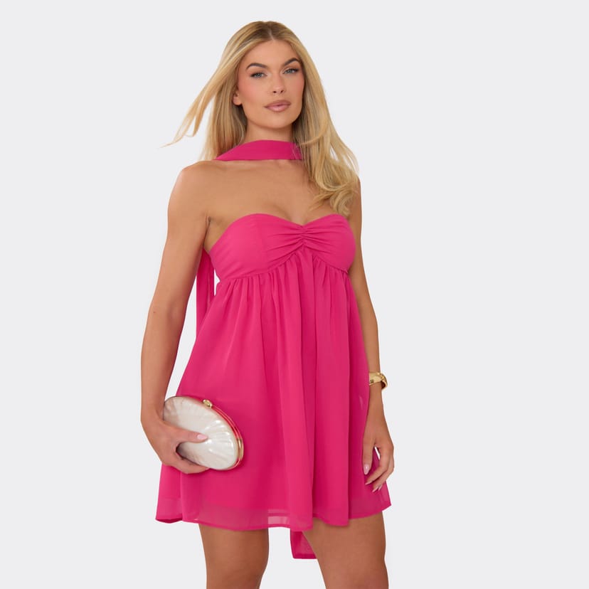 EGO Bandeau Scarf Detail Ruched Front Mini Dress In Pink, Women's Size UK 6 - 1