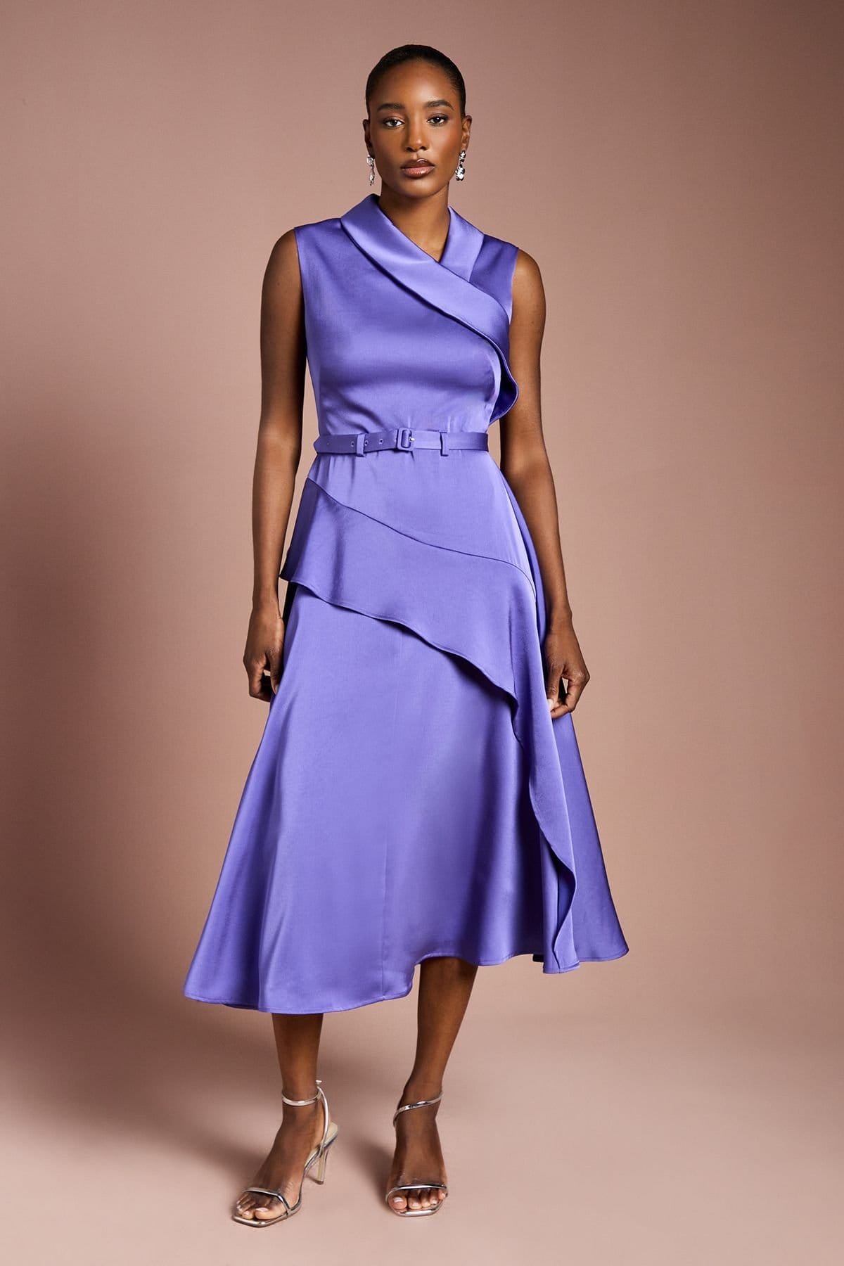 Coast Purple Satin Waterfall Ruffle Belted Midi Dress