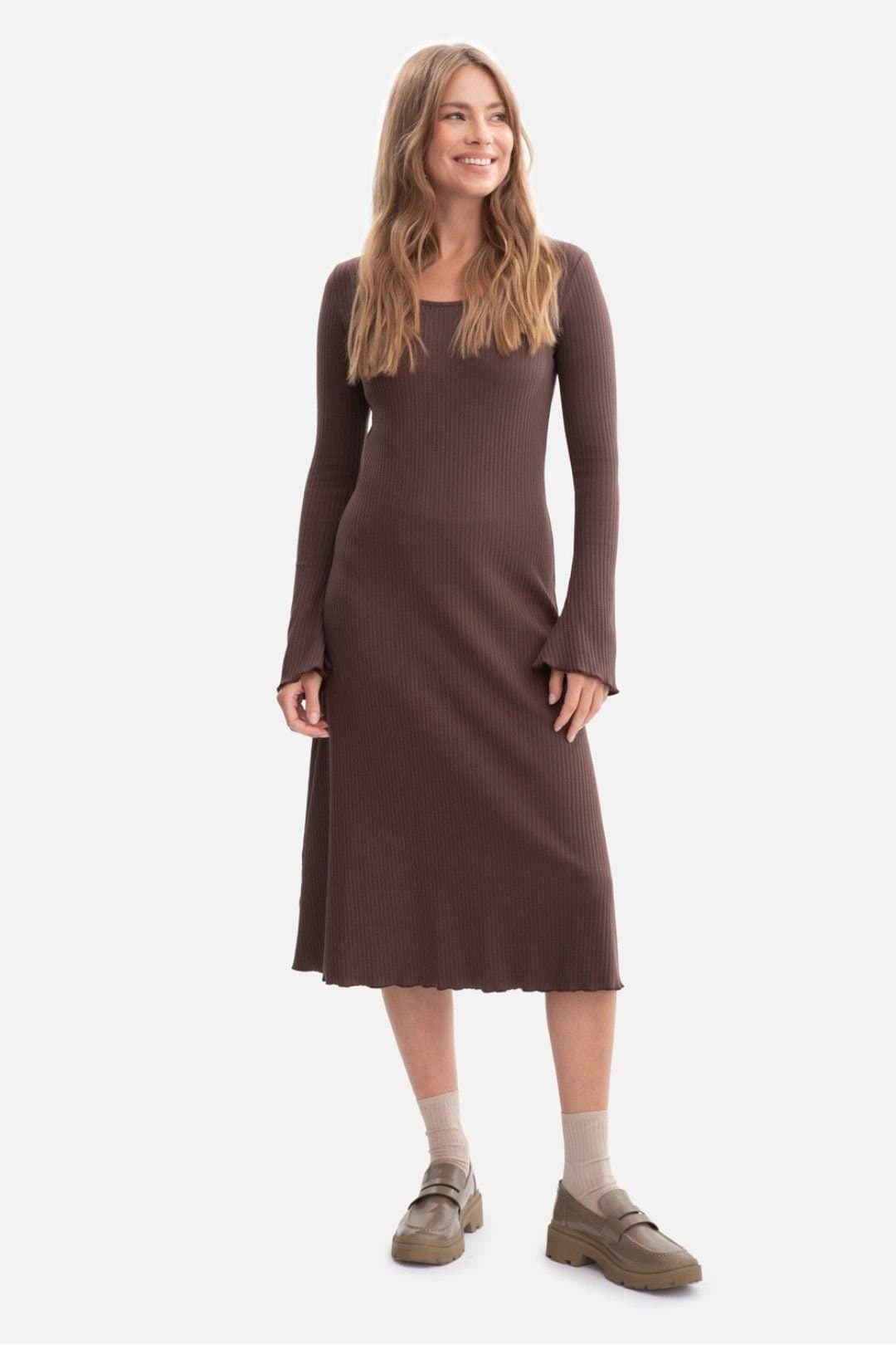 Love Lace Love Lace Women's Soft Ribbed Midi Pullover Dress with Wavy Hem in Brown