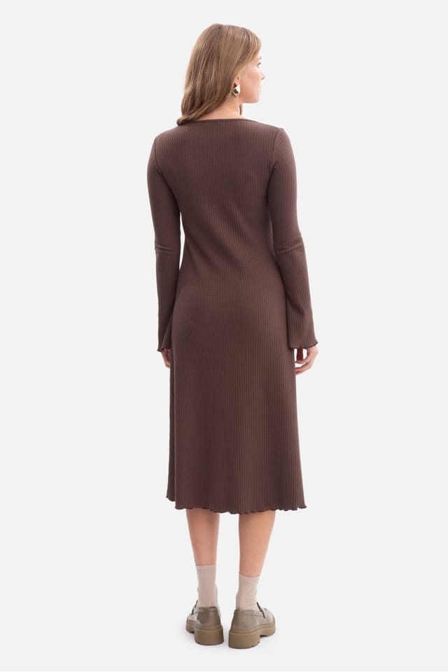 Love Lace Love Lace Women's Soft Ribbed Midi Pullover Dress with Wavy Hem in Brown - 2