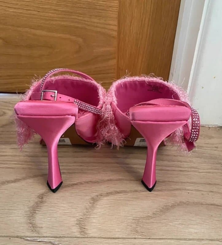 ASOS ASOS Nutmeg Pink Fluffy Diamanté Rhinestone Embellished Feather Detail Square Toe Heels