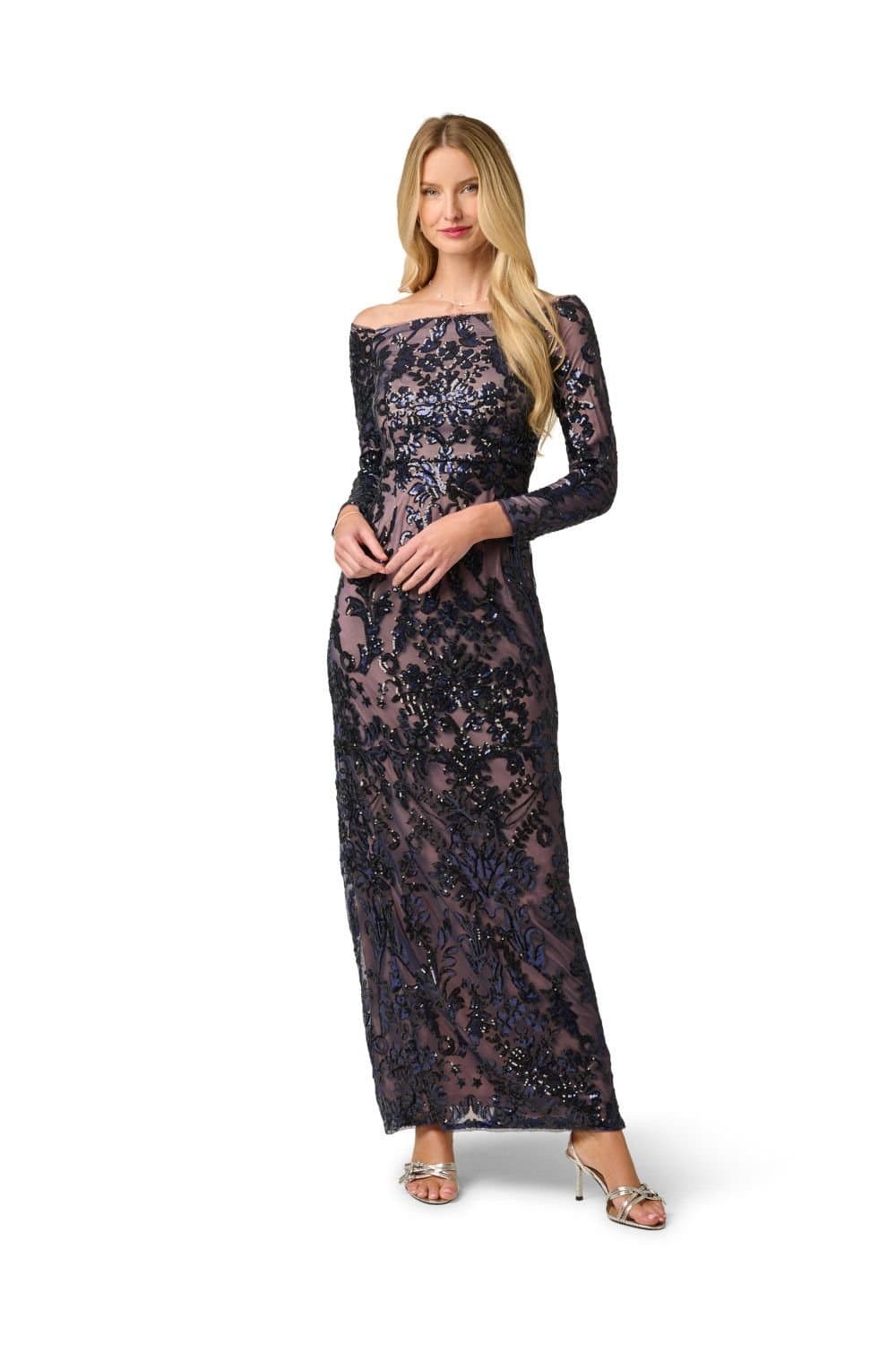 Papell Studio Papell Studio Women's Off Shoulder Sequin Gown in Blue