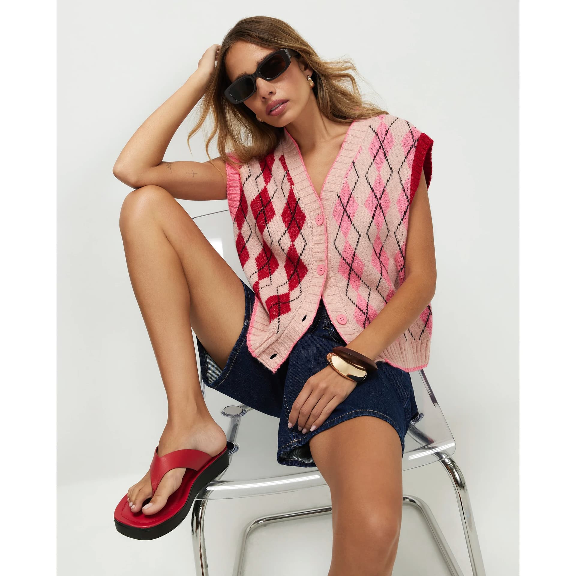 River Island River Island Womens Pink Knitted Argyle Waistcoat