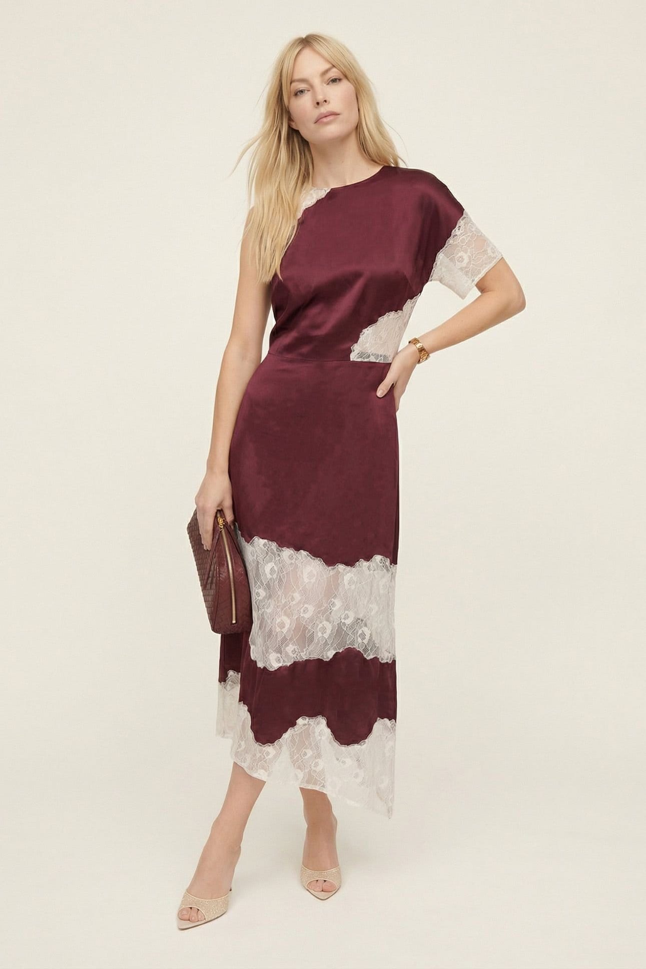 Lily and Lionel Burgundy Satin Lace Midi Dress