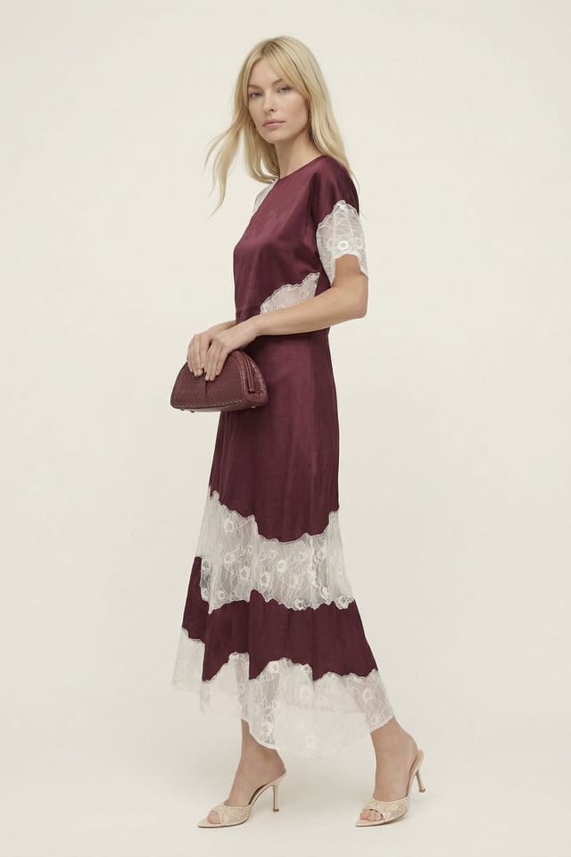 Lily and Lionel Lily and Lionel Women's Selma Lace Insert Midi Dress in Burgundy - 2
