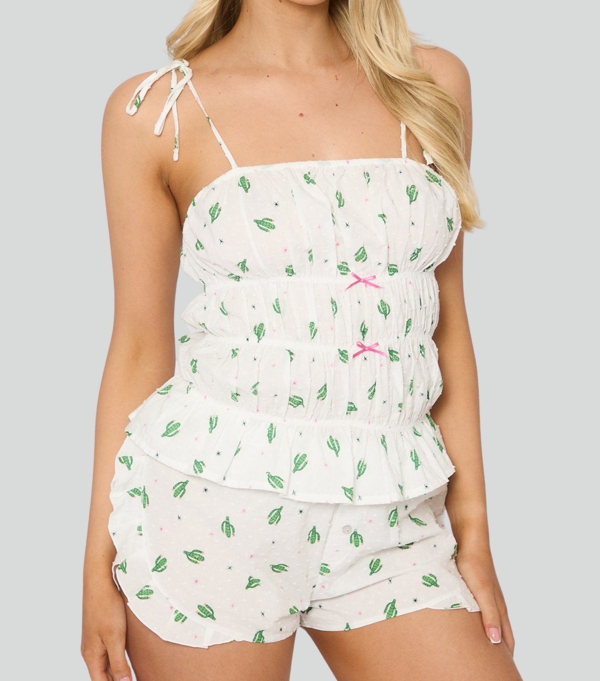 Loungeable Women's White Cactus Print Ruffled Cami Top and Shorts Set Loungeable New Look - 1