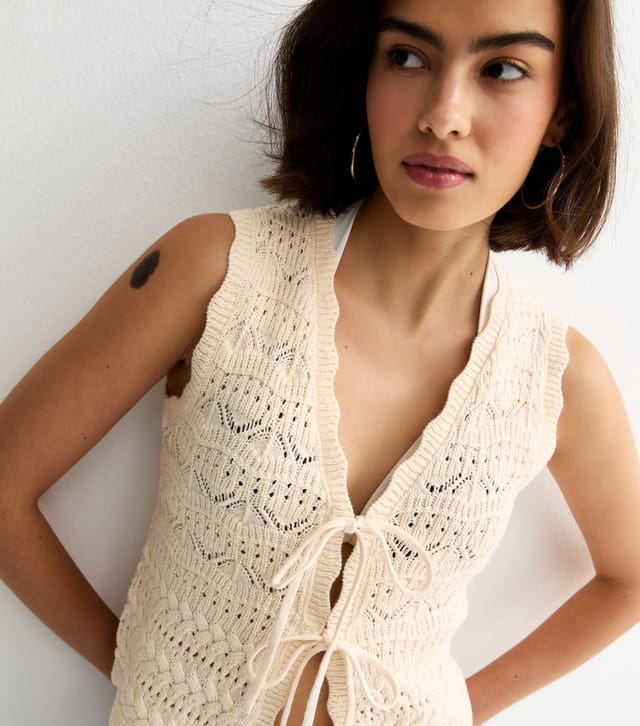 New Look Women's Cream Cotton Rich Wave Stitchy Tie Waistcoat New Look - 3