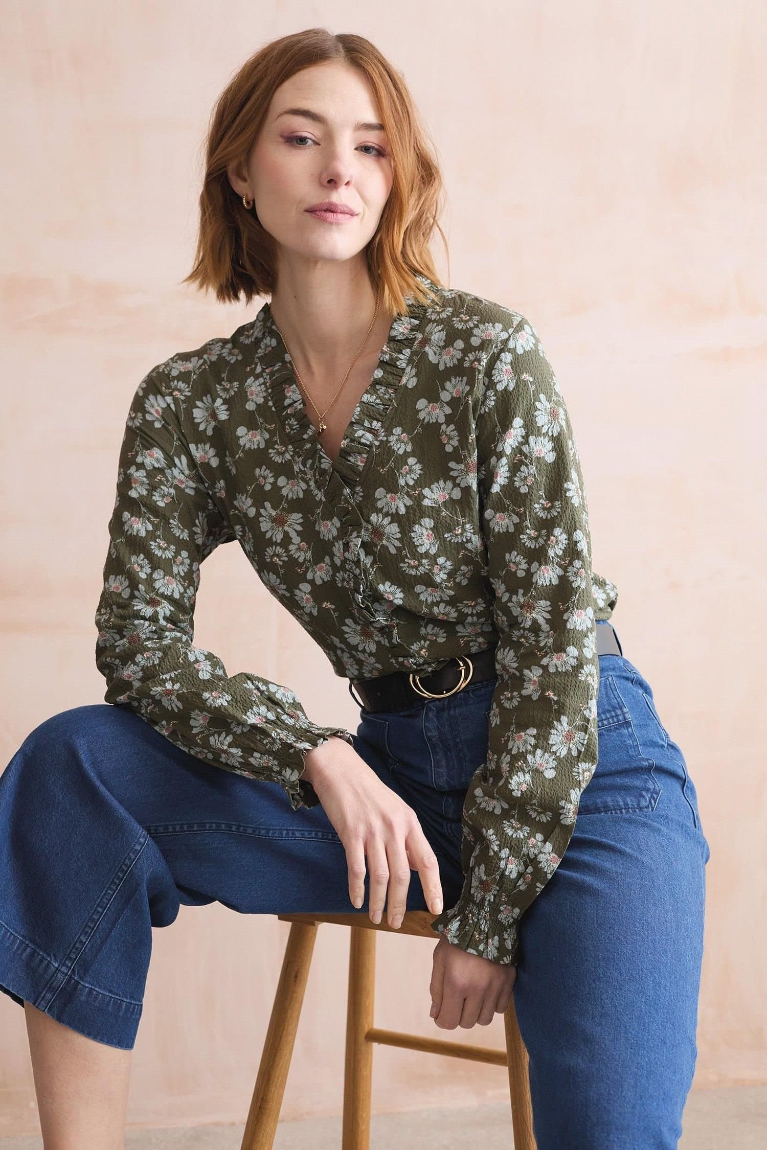 Lily & Me Lily & Me Women's Olive Textured Tencel Long Sleeve Blouse with Ruffle Neckline